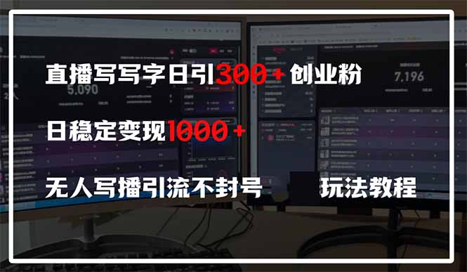直播写写字日引300+创业粉，日稳定变现600+无人写播引流不封号，玩法教程-搞钱利器