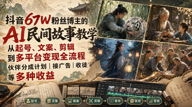 抖音67W粉丝博主的AI民间故事教学，从起号、文案、剪辑到多平台变现全流程，伙伴分成计划接广告等多种收益，月入1W+-搞钱利器