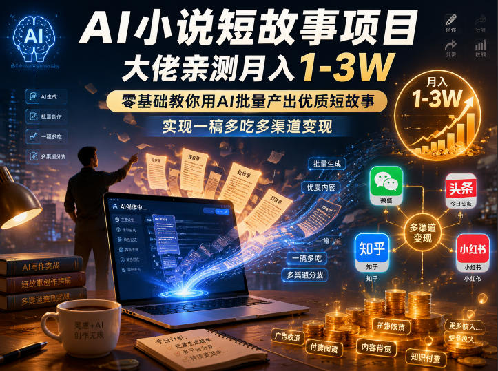 AI小说短故事项目，大佬亲测月入1-3W，零基础教你用AI批量产出优质短故事，实现一稿多吃多渠道变现(更新0624)-搞钱利器