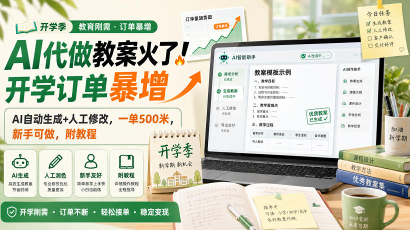 AI代做教案火了！开学订单暴增，AI自动生成+人工修改，一单500米，新手可做，附教程【揭秘】-搞钱利器