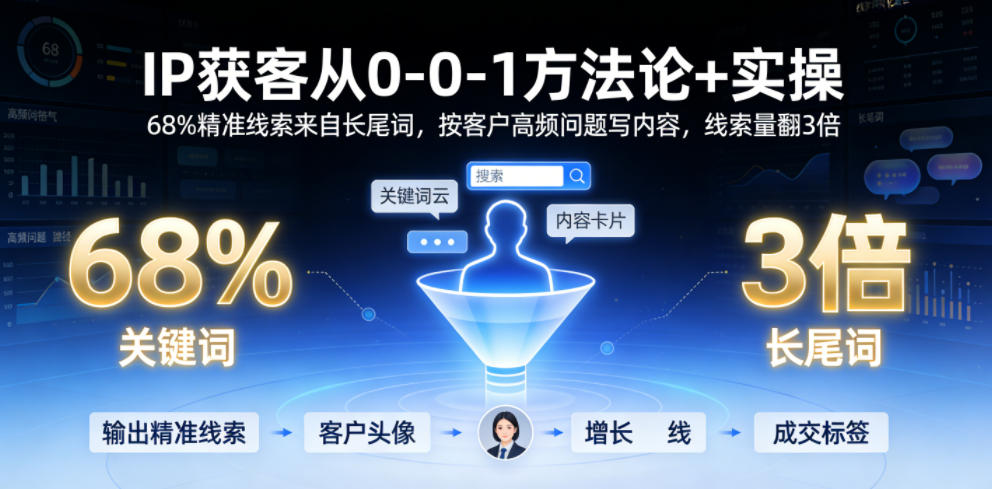 IP获客从0-1方法论+实操，68%精准线索来自长尾词，按客户高频问题写内容，线索量翻3倍-搞钱利器