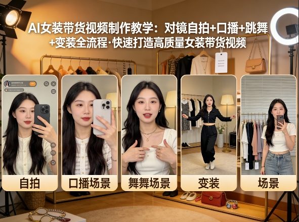 AI女装带货视频制作教学，对镜自拍、口播、跳舞、变装全流程，快速打造高质量女装带货视频-搞钱利器