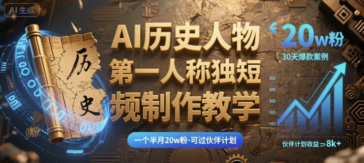 最新AI历史人物第一人称独白短视频制作教学，一个半月20w粉，可过伙伴计划-搞钱利器
