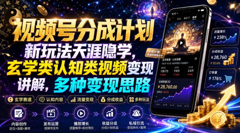视频号分成计划新玩法天涯隐学，玄学类认知类视频变现讲解，多种变现思路-搞钱利器