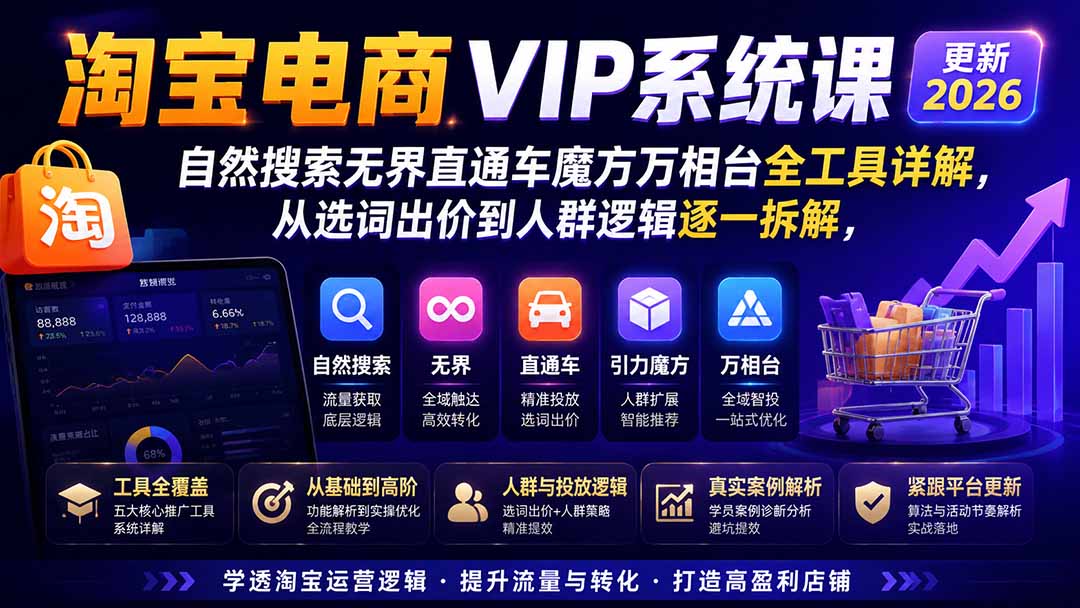 图片[1]-淘宝电商VIP系统课-更新8月；自然搜索无界直通车魔方万相台全工具详解，从选词出价到人群逻辑逐一拆解-搞钱利器