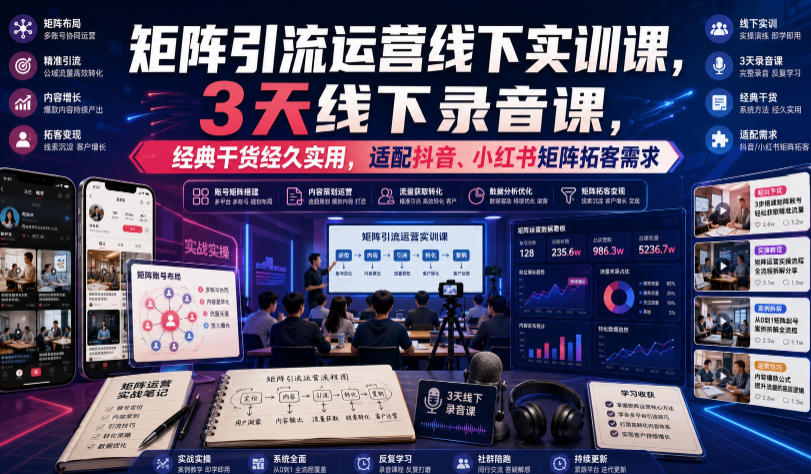 嗨推矩阵引流运营线下实训课，3天线下录音课，经典干货经久实用，适配抖音、小红书矩阵拓客需求-搞钱利器
