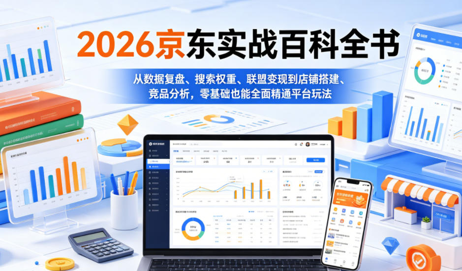 2026京东实战百科全书，从数据复盘、搜索权重、联盟变现到店铺搭建、竞品分析，零基础也能全面精通平台玩法-搞钱利器