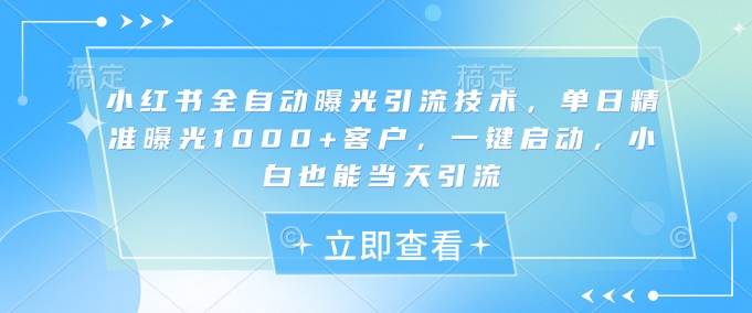 小红书全自动曝光引流技术，单日精准曝光1000+客户，一键启动，小白也能当天引流【揭秘】-搞钱利器