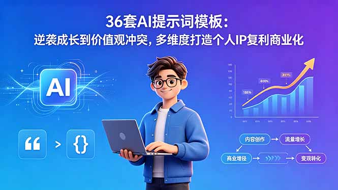 36套AI提示词模板：逆袭成长到价值观冲突，多维度打造个人IP复利商业化-搞钱利器