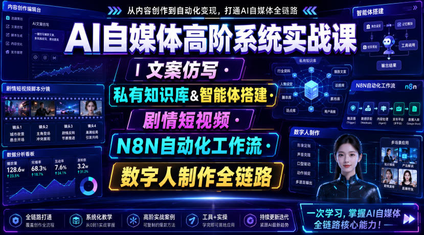AI自媒体高阶系统实战课｜文案仿写・私有知识库&智能体搭建・剧情短视频・N8N自动化工作流・数字人制作全链路-搞钱利器