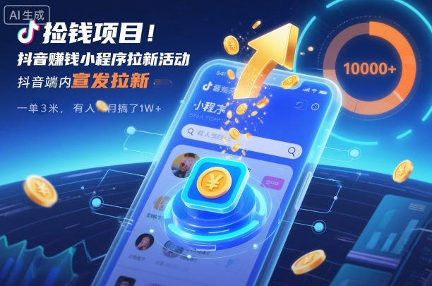 捡钱项目！抖音賺钱小程序拉新活动，抖音端内宣发拉新，一单3米，有人半个月搞了1W+-搞钱利器