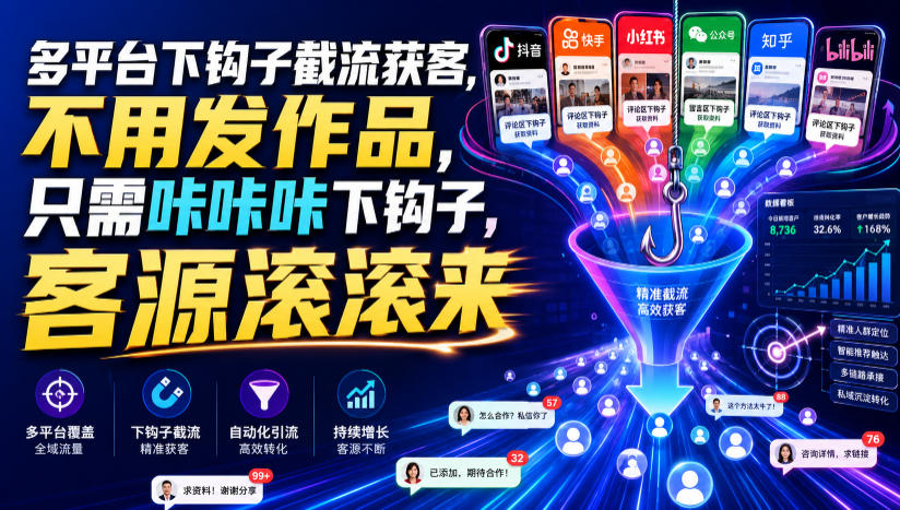 多平台下钩子截流获客，不用发作品，只需咔咔咔下钩子，客源滚滚来-搞钱利器