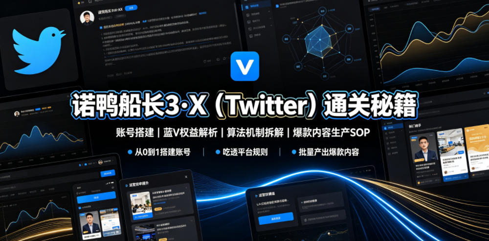 诺鸭船长3·X(Twitter)通关秘籍，涵盖账号搭建、蓝V权益解析、算法机制拆解及爆款内容生产SOP-搞钱利器