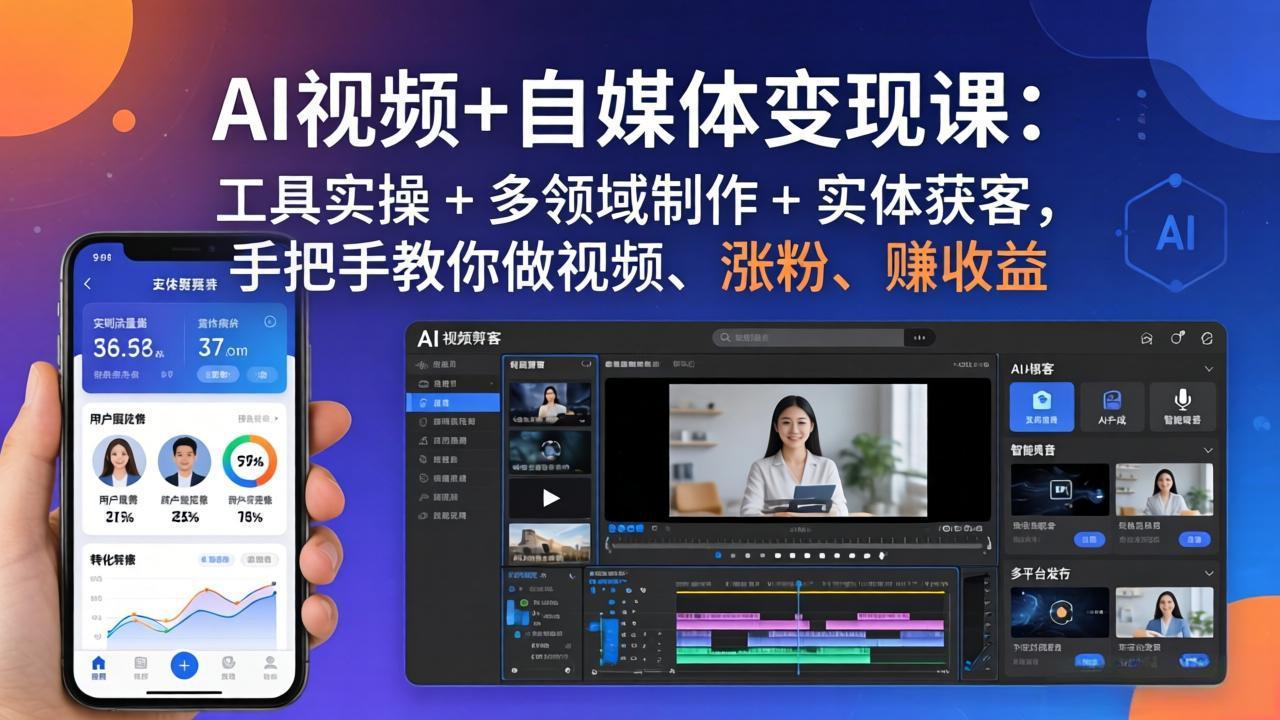 AI视频+自媒体变现课:工具实操 + 多领域制作 + 实体获客,手把手教你做视频、涨粉、赚收益-搞钱利器