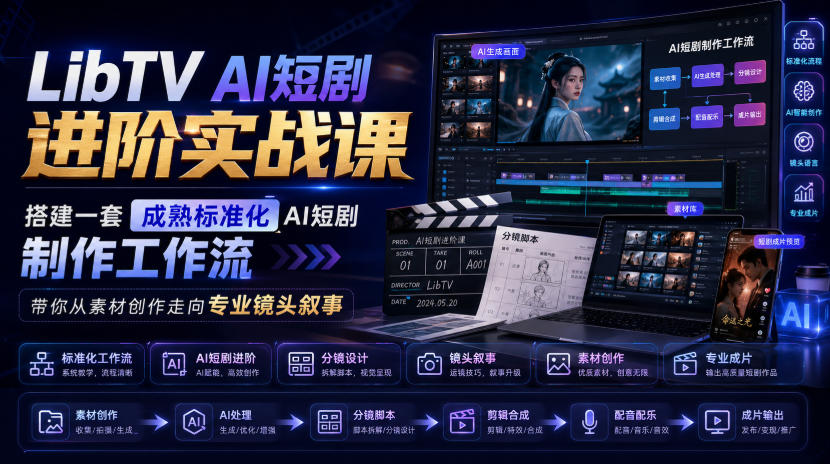 LibTV AI短剧进阶实战课，搭建一套成熟标准化AI短剧制作工作流，带你从素材创作走向专业镜头叙事-搞钱利器