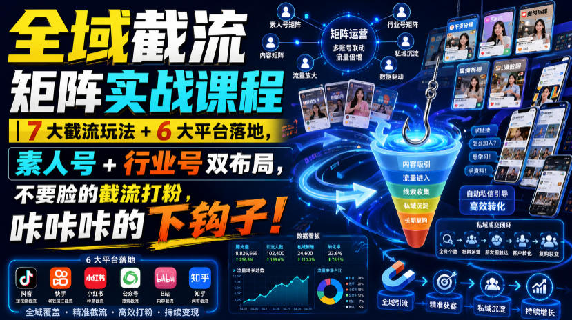 全域截流矩阵实战课程｜7大截流玩法+6大平台落地，素人号+行业号双布局，不要脸的截流打粉，咔咔咔的下钩子！-搞钱利器