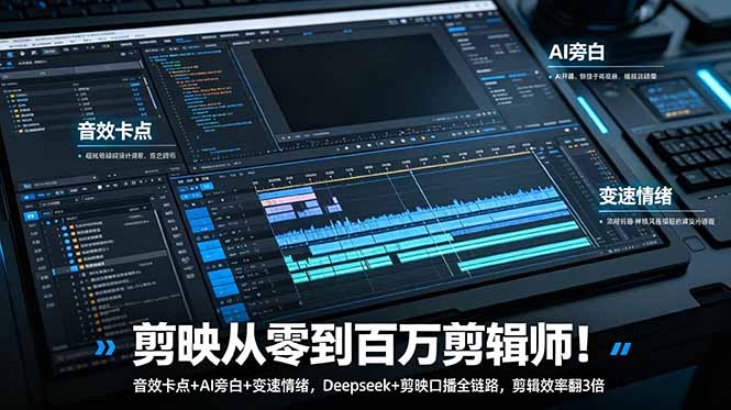 剪映从零到百万剪辑师！音效卡点+AI旁白+变速情绪，Deepseek+剪映口播全链路，剪辑效率翻3倍-搞钱利器
