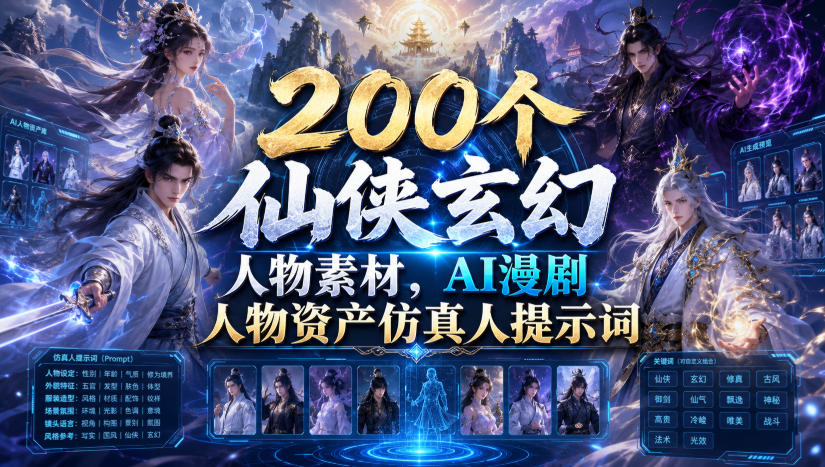 200个仙侠玄幻人物素材，AI漫剧人物资产仿真人提示词-搞钱利器
