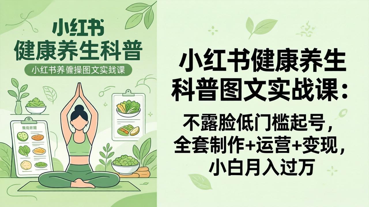 2026小红书健康养生科普图文实战课：不露脸低门槛起号，全套制作+运营+变现，小白月入过万-搞钱利器