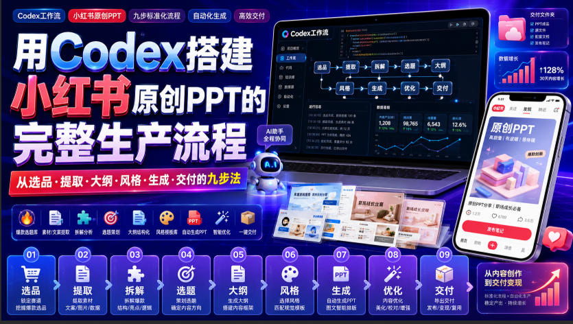 用Codex搭建小红书原创PPT的完整生产流程，从选品·提取·大纲·风格·生成·交付的九步法-搞钱利器