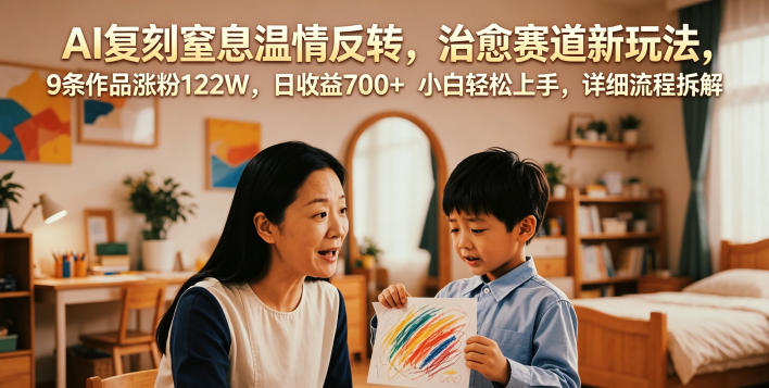 AI复刻窒息温情反转，治愈赛道新玩法，9条作品涨粉122W，日收益700+ 小白轻松上手，详细流程拆解-搞钱利器