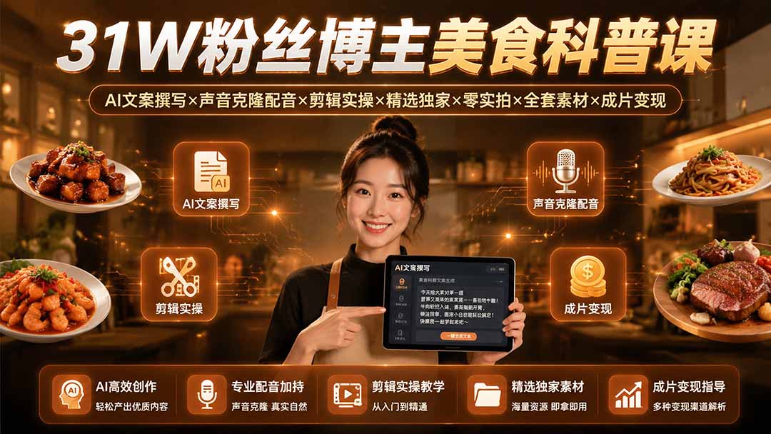 31W粉丝博主美食科普课：AI文案撰写×声音克隆配音×剪辑实操×精选独家×零实拍×全套素材×成片变现-搞钱利器