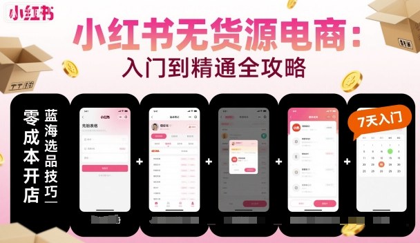 小红书无货源电商，入门到精通，开店+选品+笔记+剪辑+赛道+内容-搞钱利器