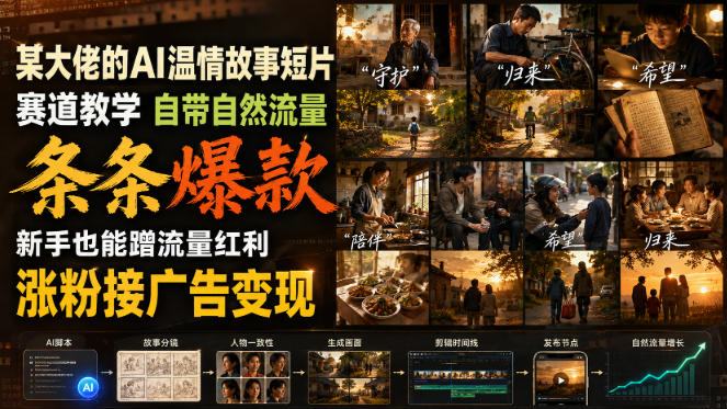 某大佬的AI温情故事短片赛道教学，自带自然流量，条条爆款，新手也能蹭流量红利，涨粉接广告变现-搞钱利器