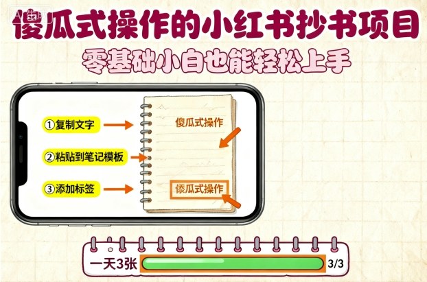 傻瓜式操作的小红书抄书项目，会复制粘贴就行，零基础小白也能一天3张-搞钱利器