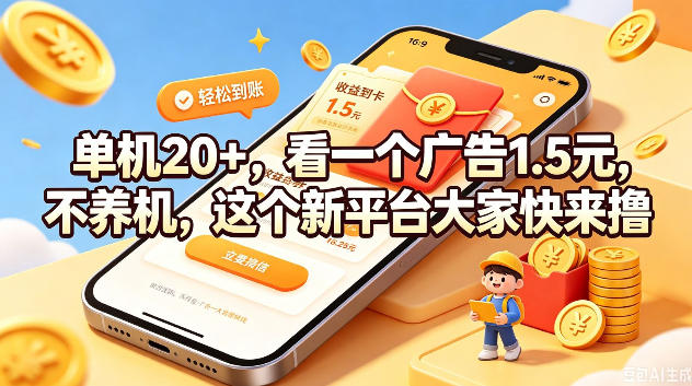 单机20+,看一个广告1.5米,不养机,这个新平台大家快来撸【揭秘】-搞钱利器