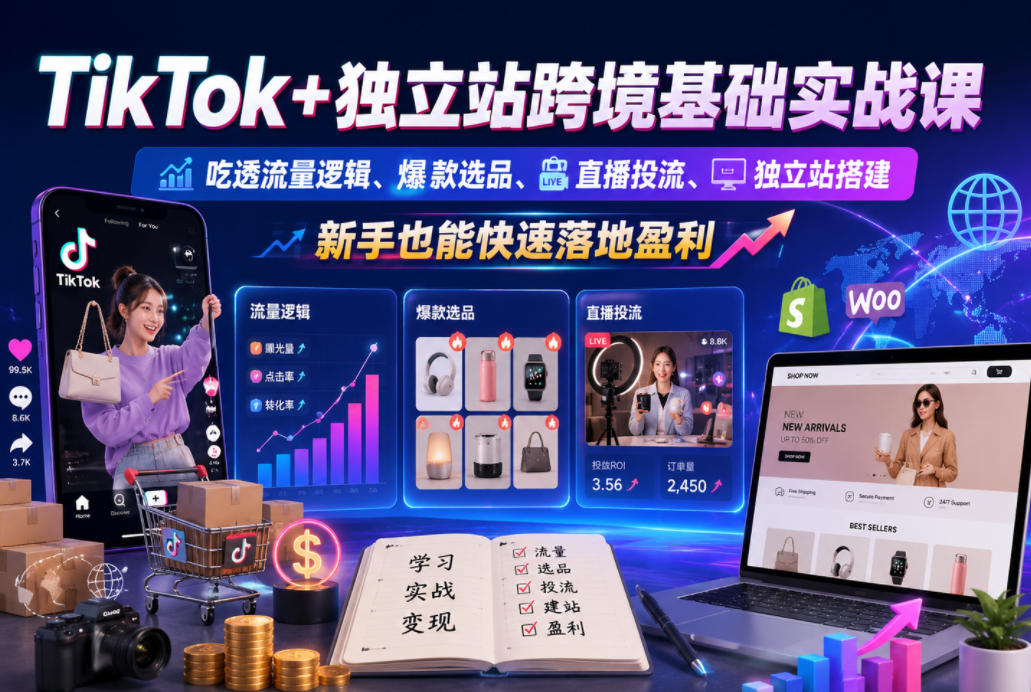 TikTok+独立站跨境基础实战课，吃透流量逻辑、爆款选品、直播投流与独立站搭建，新手也能快速落地盈利-搞钱利器