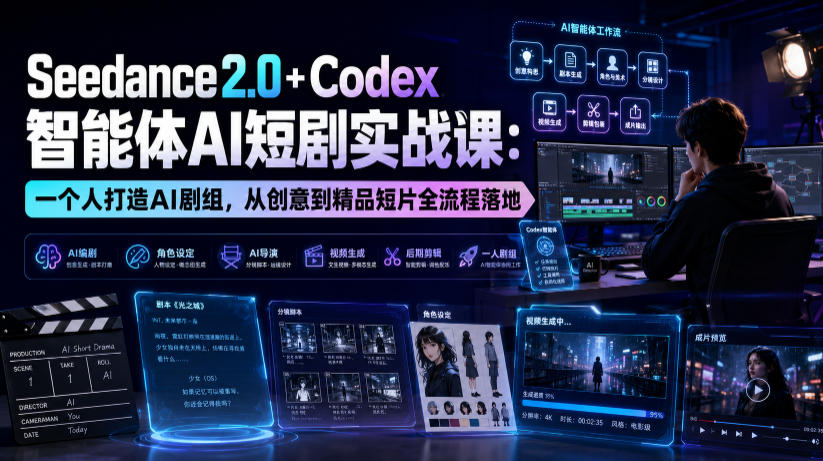 Seedance2.0+Codex智能体AI短剧实战课：一个人打造AI剧组，从创意到精品短片全流程-搞钱利器