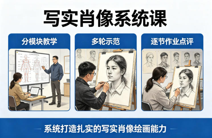 写实肖像系统课,全程分模块教学+多轮示范+逐节作业点评,系统打造扎实的写实肖像绘画能力-搞钱利器