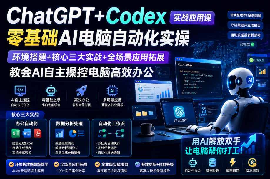 ChatGPT+Codex实战应用课｜零基础AI电脑自动化实操，环境搭建+核心三大实战+全场景应用拓展，教会AI自主操控电脑高效办公-搞钱利器