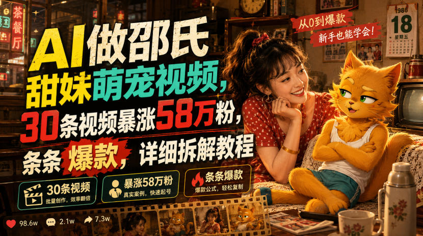 AI做邵氏甜妹萌宠视频,30条视频暴涨58万粉,条条爆款,详细拆解教程-搞钱利器