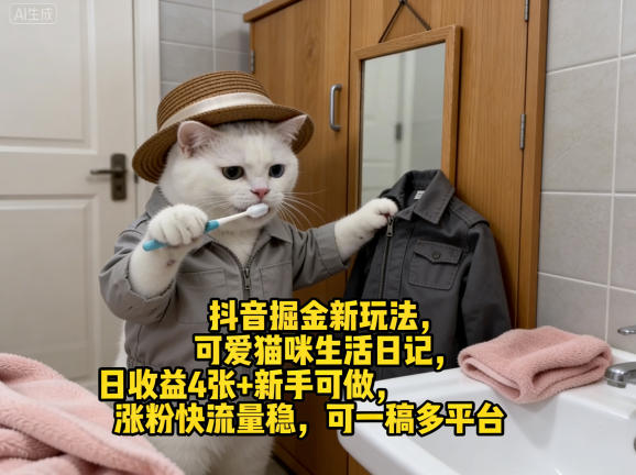 抖音掘金新玩法，可爱猫咪生活日记，日收益4张+新手可做，涨粉快流量稳，可一稿多平台-搞钱利器