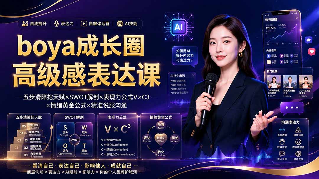 boya成长圈｜内心成长高级表达AI自媒体三合一，消解内耗挖掘天赋，镜头沟通AI指令短视频全流程教学-搞钱利器