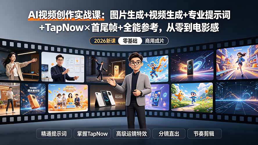AI视频创作实战课：图片生成+视频生成+专业提示词+TapNow×首尾帧+全能参考，从零到电影感成片-搞钱利器