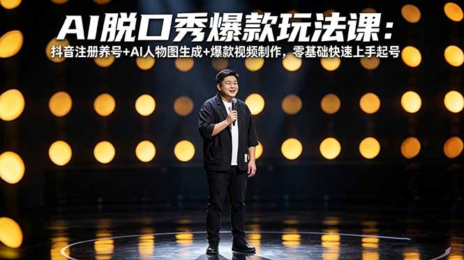 AI脱口秀爆款玩法课：抖音注册养号+AI人物图生成+爆款视频制作，零基础快速上手起号-搞钱利器