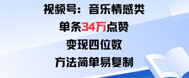 视频号分成计划新玩法：音乐情感类单条34W点赞，变现四位数，方法简单易复制-搞钱利器