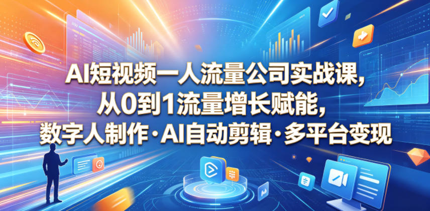 AI短视频一人流量公司实战课，从0到1流量增长赋能，数字人制作・AI自动剪辑・多平台变现，一人做流量生意全落地教程-搞钱利器