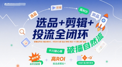 选品+剪辑+投流全闭环，破播自然流+撬动高ROI，手把手打通“选品-剪辑-测品-千川随心推”全链-搞钱利器