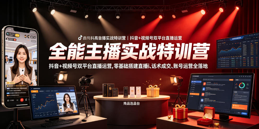 全能主播实战特训营｜抖音+视频号双平台直播运营，零基础搭建直播间、精准选品、话术成交、账号运营全落地-搞钱利器