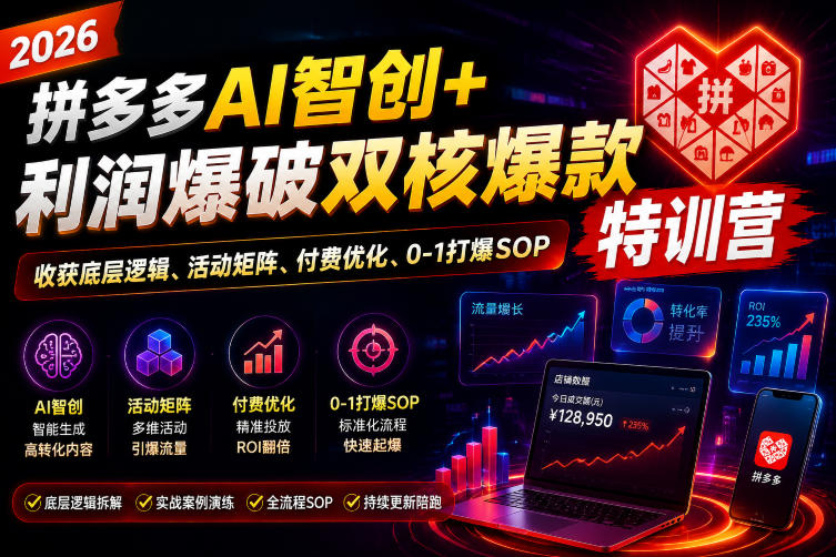 2026拼多多AI智创+利润爆破双核爆款特训营，收获底层逻辑、活动矩阵、付费优化、0-1打爆SOP(更新0810)-搞钱利器
