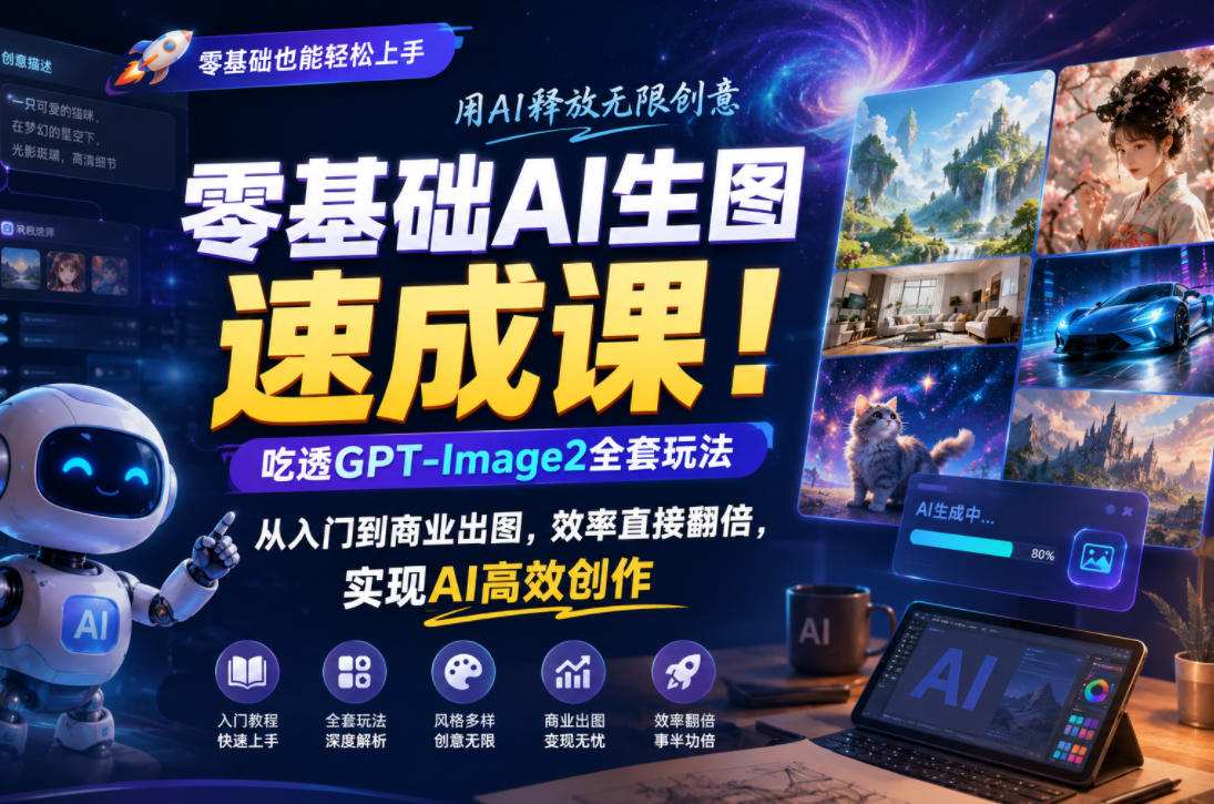 零基础AI生图速成课！吃透GPT-Image2全套玩法，从入门到商业出图，效率直接翻倍，实现AI高效创作-搞钱利器