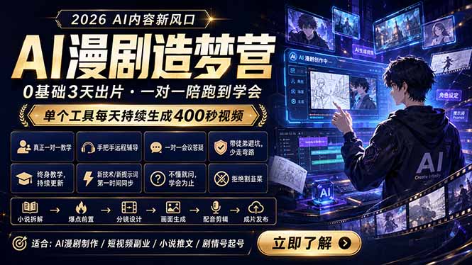 AI漫剧造梦营：0基础3天出片，单个工具每天持续生成400秒视频-搞钱利器