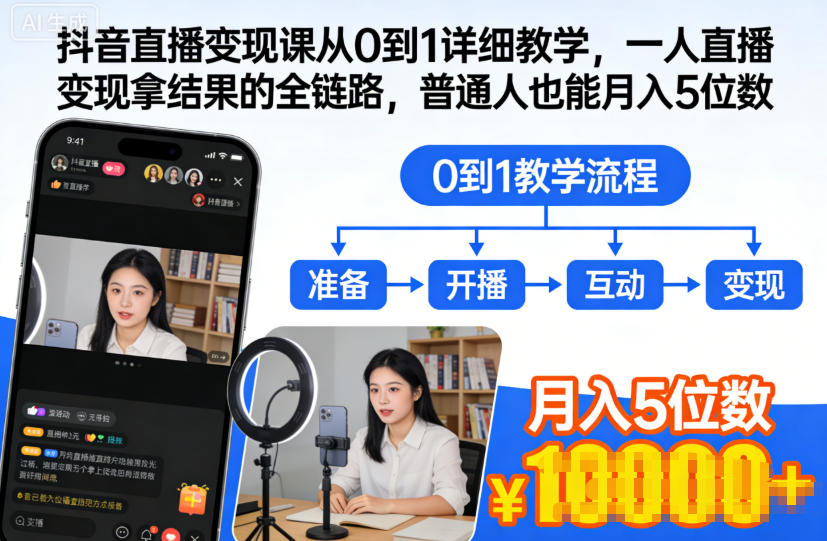 抖音直播变现课从0到1详细教学,一人直播变现拿结果的全链路,普通人也能月入5位数-搞钱利器
