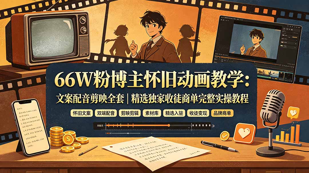 66W粉博主怀旧动画教学：文案配音剪映全套｜精选独家收徒商单完整实操教程-搞钱利器