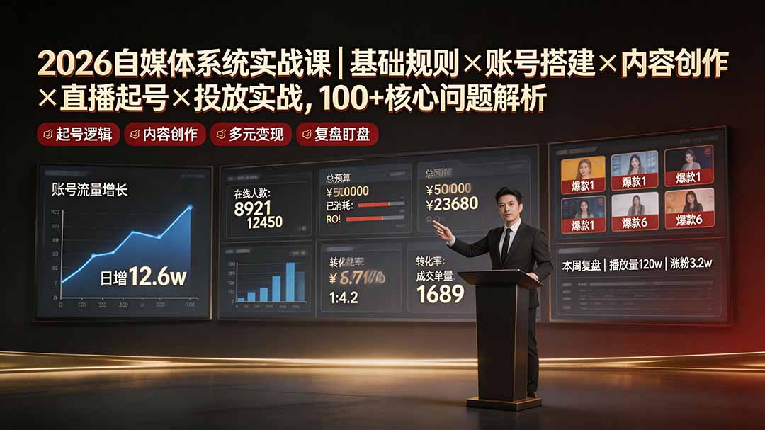 2026自媒体系统实战课｜基础规则×账号搭建×内容创作×直播起号×投放实战，100+核心问题解析-搞钱利器