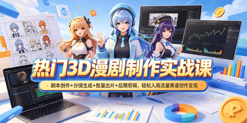 热门3D漫剧制作实战课，剧本创作+分镜生成+批量出片+后期剪辑，轻松入局流量赛道创作变现-搞钱利器